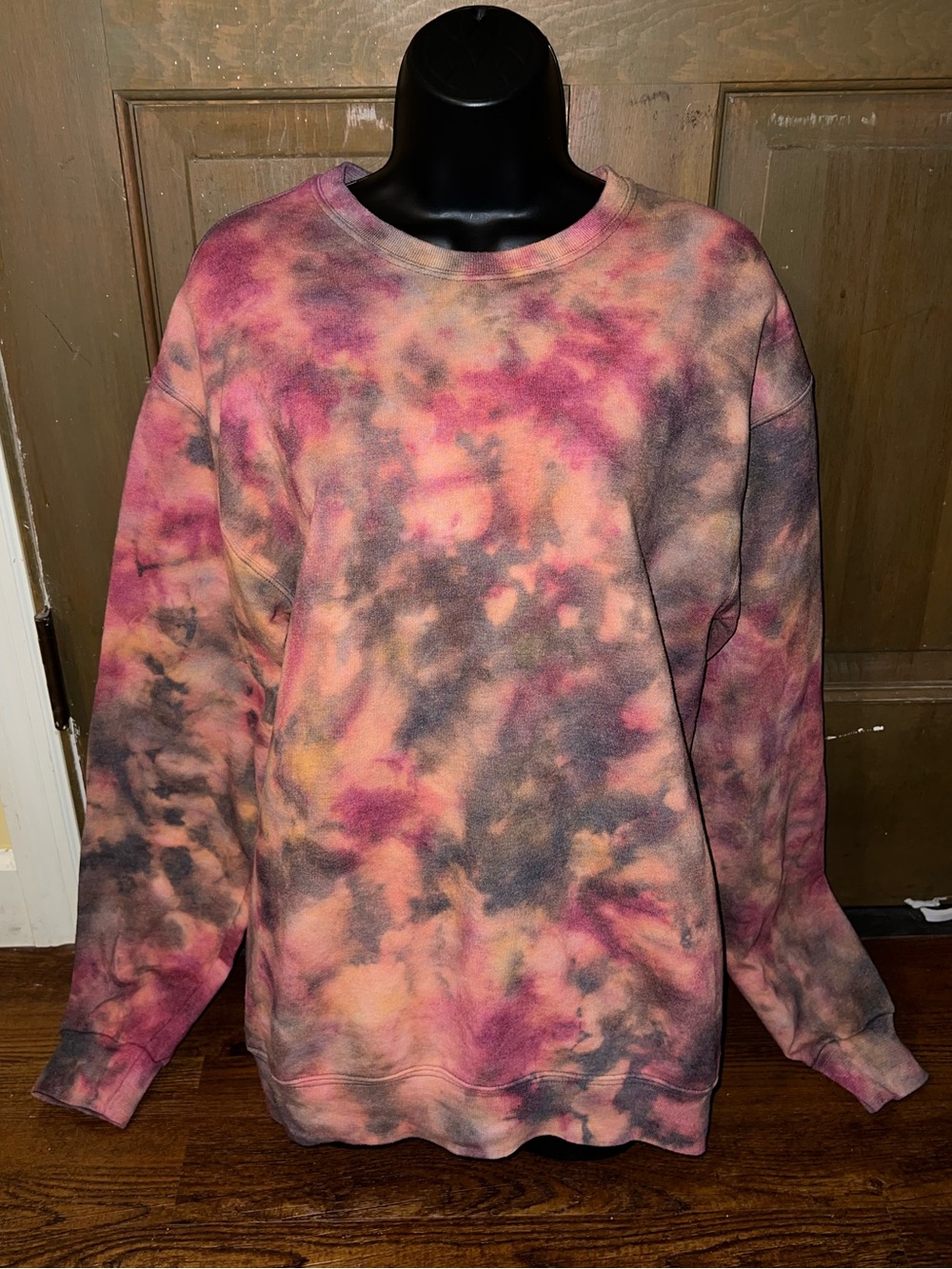 Handmade Tie-Dye Crewneck Casual Pullover Cozy Sweater Orange Red Gray Size M